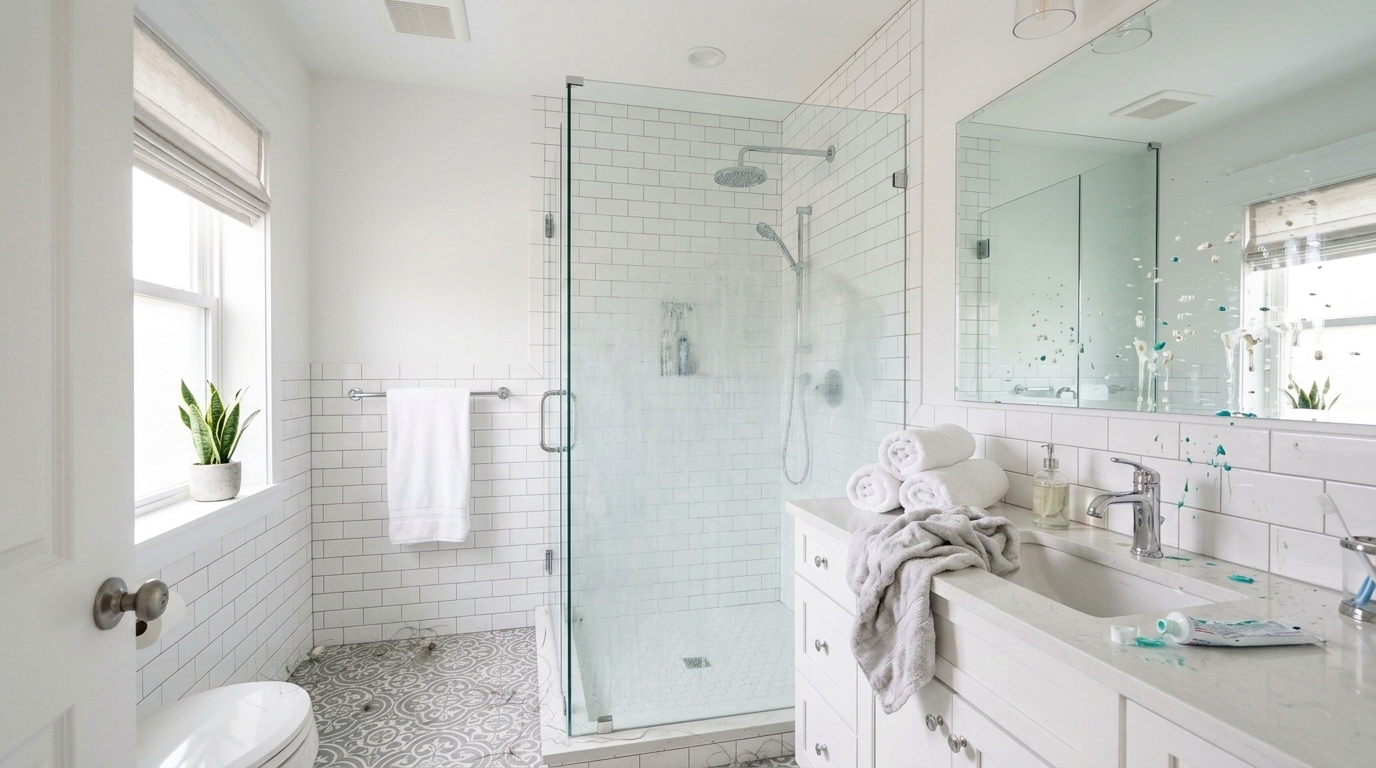 Bathroom before cleaning, showing typical mess and clutter