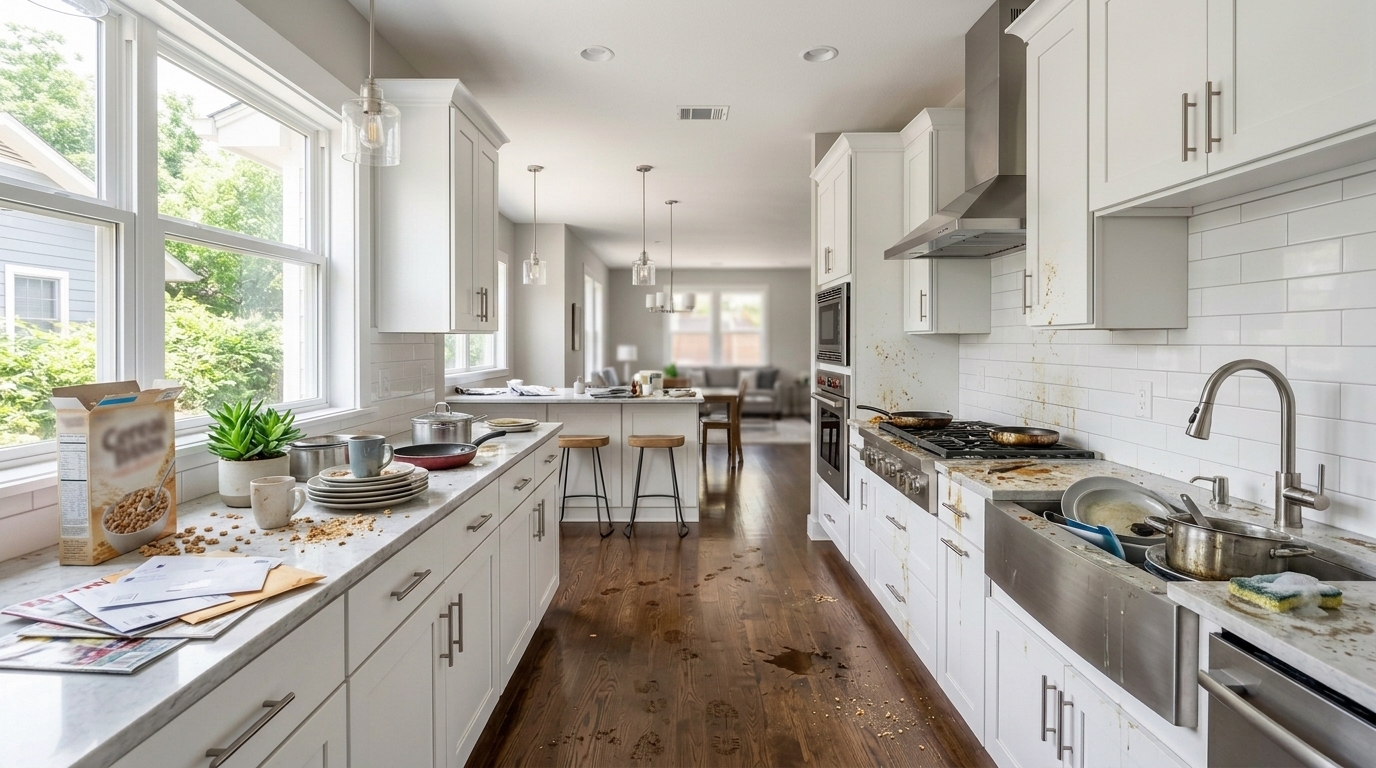 Kitchen before cleaning, showing typical mess and clutter