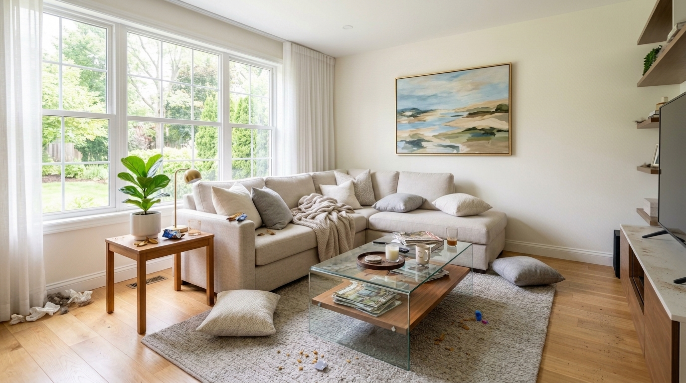 Living room before cleaning, showing typical mess and clutter