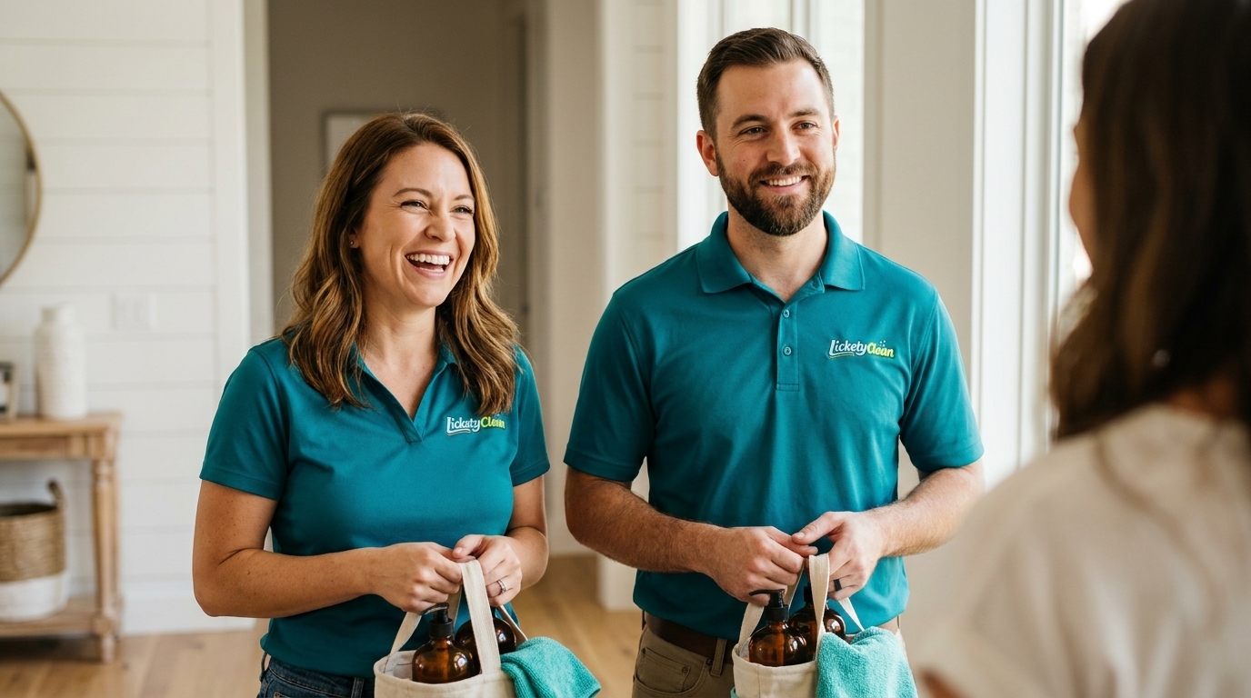 Two LicketyClean crew members in teal uniforms at an Austin bungalow doorway, holding cleaning supplies